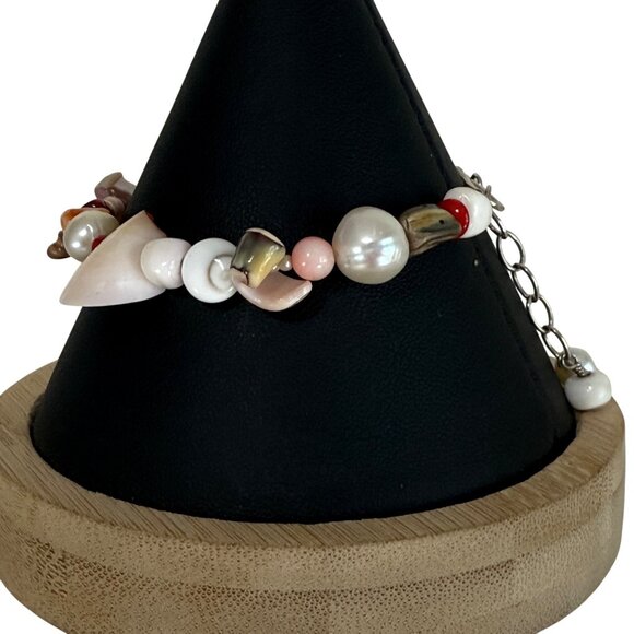 Seashell Pearl Whimsy Boho Beach Charm Bracelet Unique Ocean Inspired Jewelry - Picture 3 of 5
